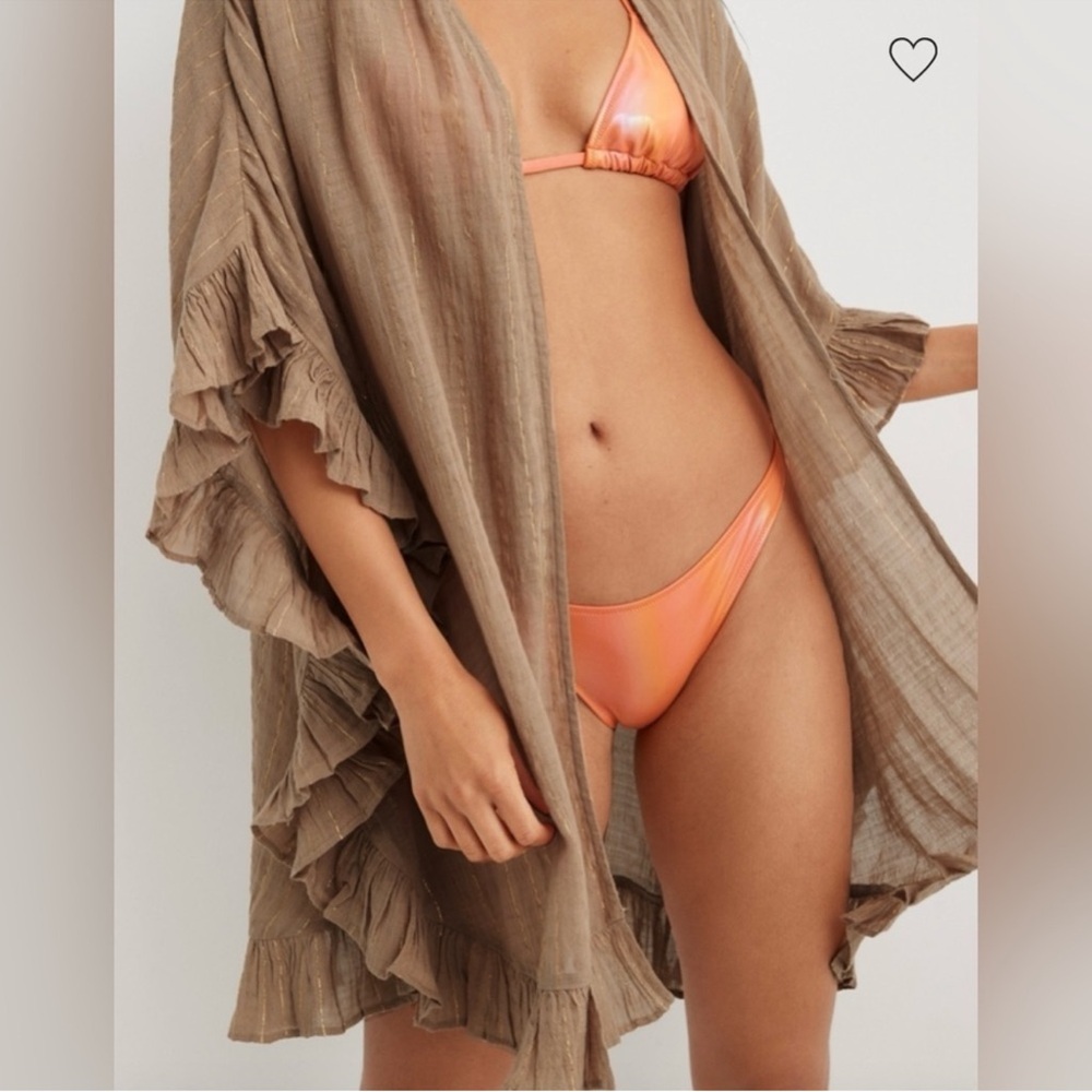 Aerie Gauze Ruffle Cape Coverup -Cappuccino With Metallic Gold Stripe
